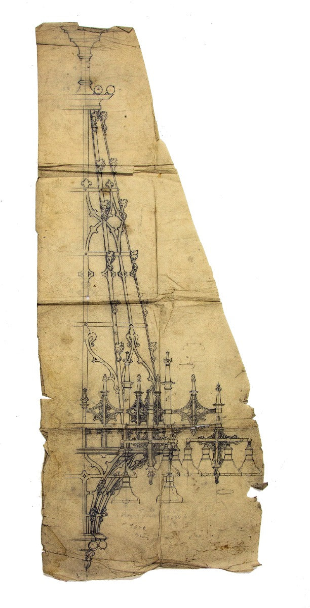 oversized and highly detailed pencil on paper 1920s robert neueder-designed light fixture for bank building