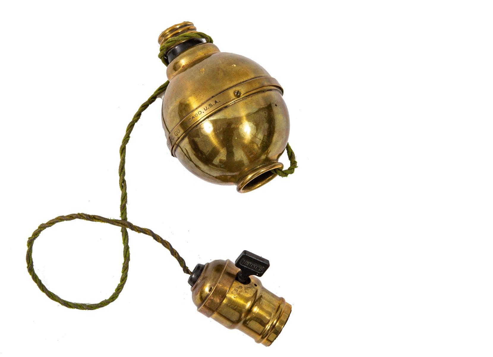 unusual c. 1918 original american antique industrial patented "adapt-a-lite" combination plug cluster and paddle switch socket with retractable rayon cloth extension cord