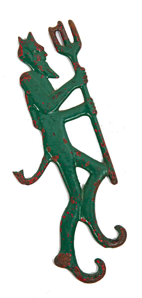 oversized rare and unusual late 19th century ornamental cast iron figural "devil" or satyr residential fireplace chimney damper pull handle with green enameled finish
