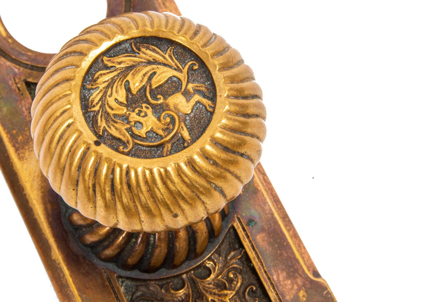 original late 19th or early 20th century ornamental cast bronze "empire" pattern entrance doorknob and backplate