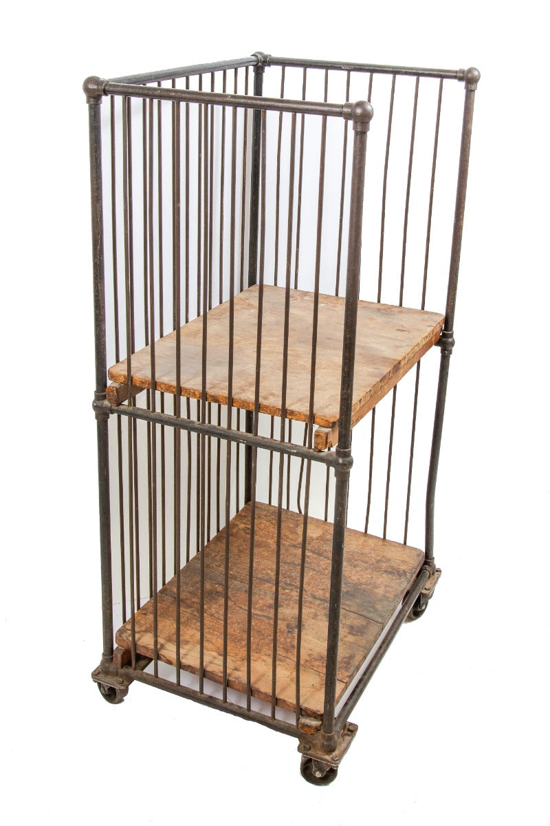 one of two original early 20th century american antique industrial bindery cart with intact solid maple wood shelves or tiers and bassick swivel casters