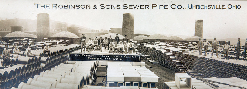 rare all original 1917 s.h. green framed panoramic photographic print of the robinson and sons sewer pipe company, uhrichsville, oh