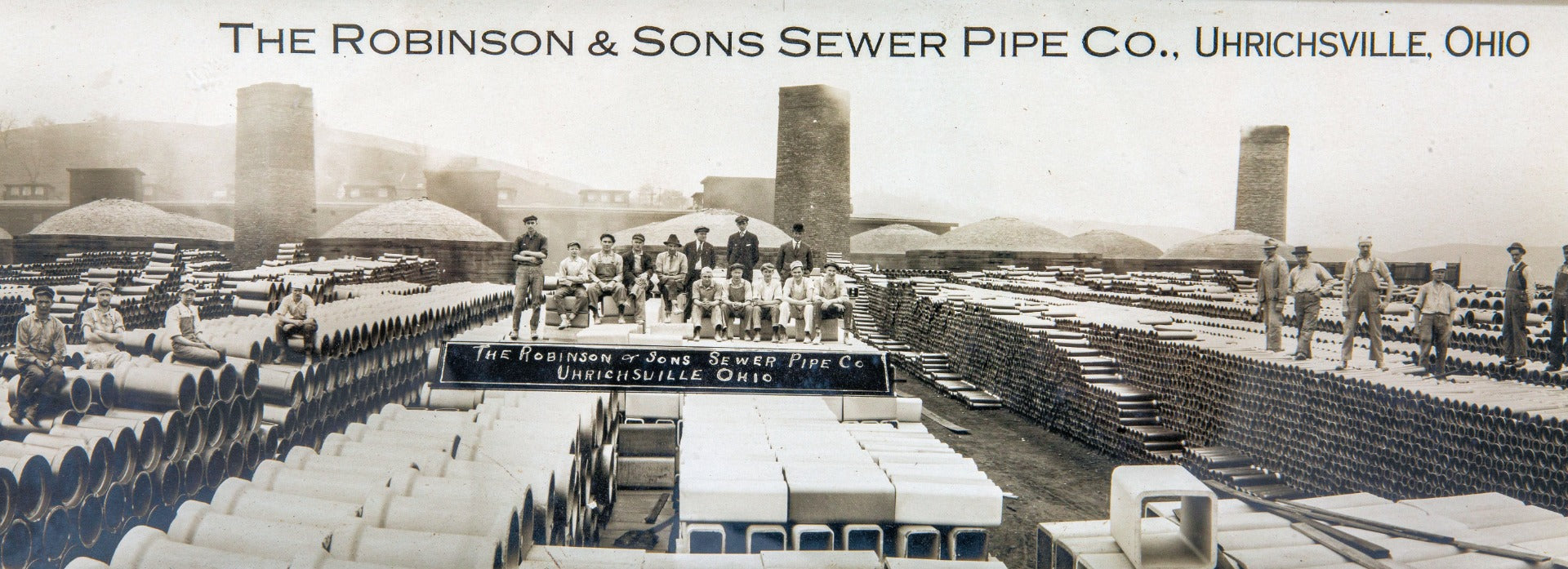 rare all original 1917 s.h. green framed panoramic photographic print of the robinson and sons sewer pipe company, uhrichsville, oh
