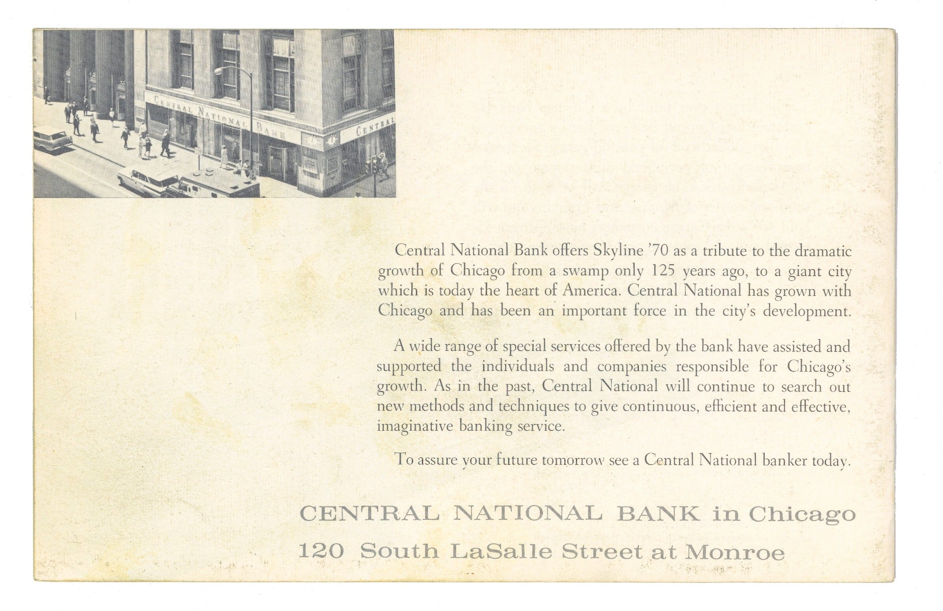 "skyline '70" staplebound booklet presented by central national bank in chicago