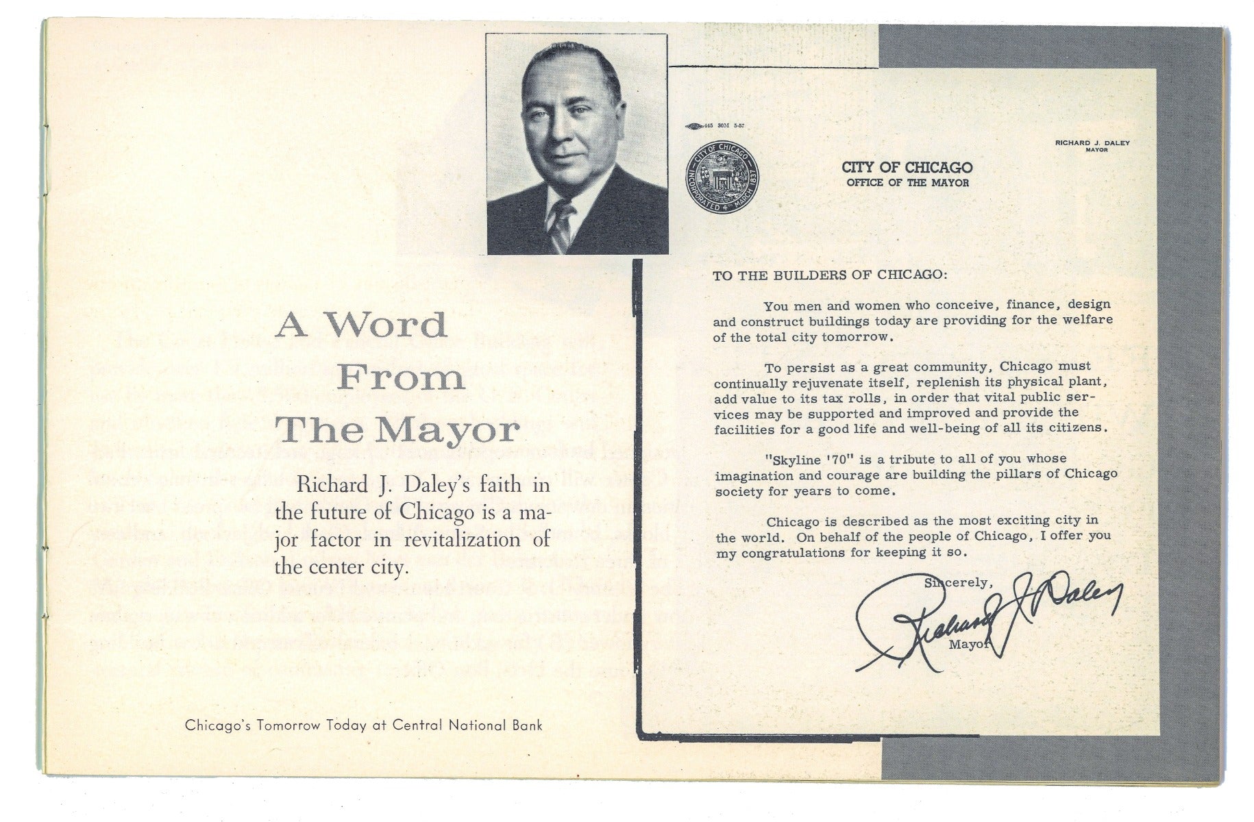 "skyline '70" staplebound booklet presented by central national bank in chicago