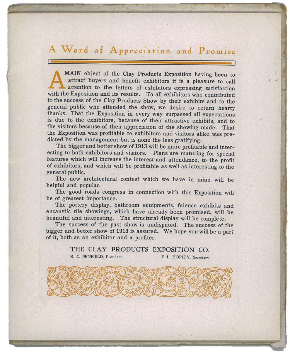 original illustrated product catalog for the clay products exposition, held at the chicago coliseum (1900-1982, frost and granger, architects) from february 26th to march 8, 1913