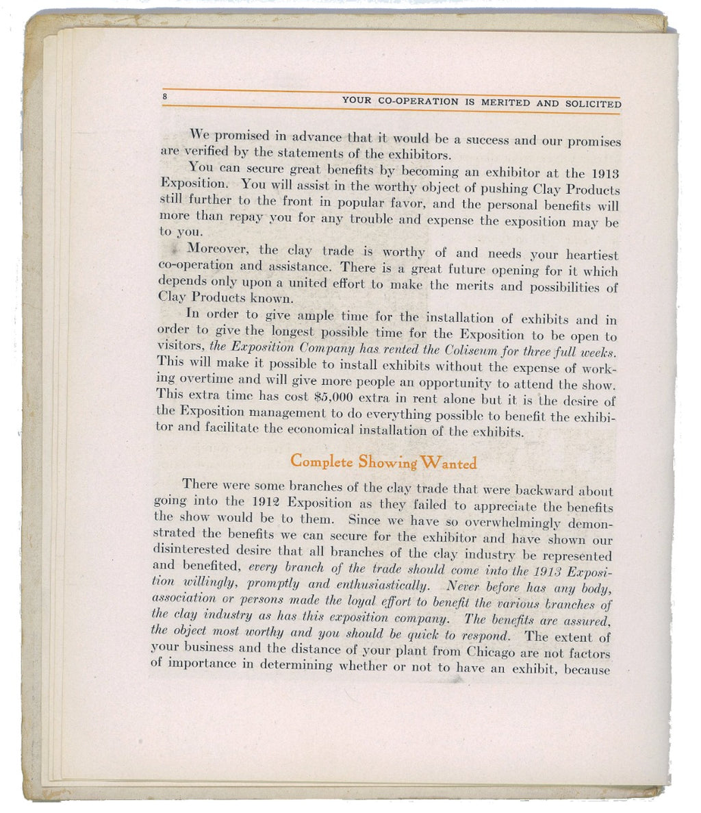 original illustrated product catalog for the clay products exposition, held at the chicago coliseum (1900-1982, frost and granger, architects) from february 26th to march 8, 1913