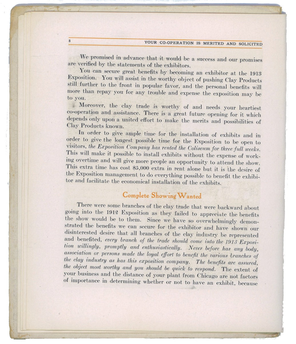 original illustrated product catalog for the clay products exposition, held at the chicago coliseum (1900-1982, frost and granger, architects) from february 26th to march 8, 1913
