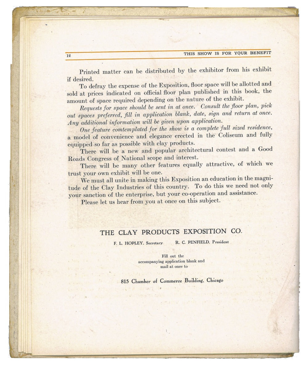original illustrated product catalog for the clay products exposition, held at the chicago coliseum (1900-1982, frost and granger, architects) from february 26th to march 8, 1913