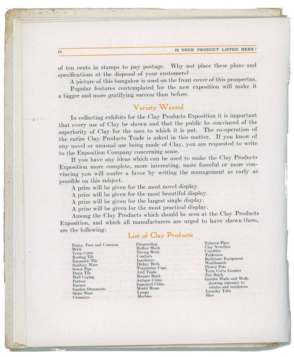 original illustrated product catalog for the clay products exposition, held at the chicago coliseum (1900-1982, frost and granger, architects) from february 26th to march 8, 1913