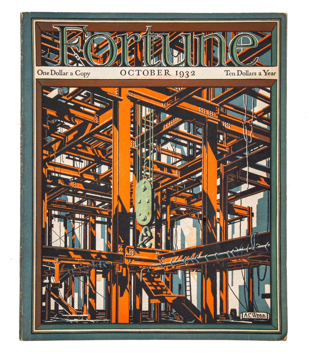 original visually striking a.c. webb october 1932 fortune magazine cover of skyscraper building construction
