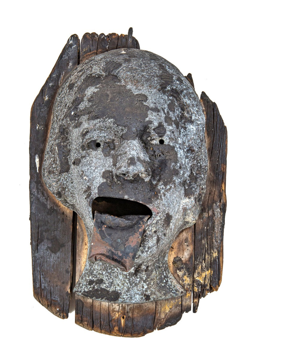 historically important documented great chicago fire exterior residential figural cast metal gutter spout salvaged from "burnt district" in 1871.