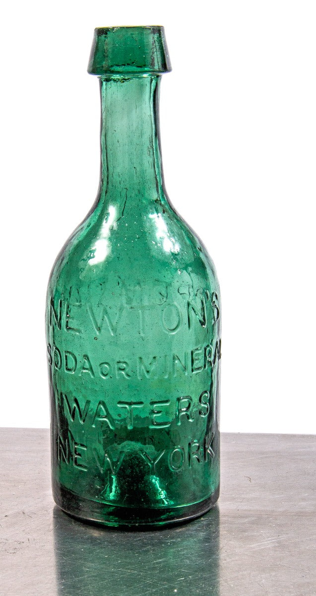 hard to find mid-nineteenth century vibrant green glass soda bottle fabricated for new york bottler thomas newton