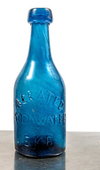rare 1850's cobalt blue iron-pontiled chicago blobtop e.k. bebbington "aerated sodawater" glass bottle with heavily whittled neck