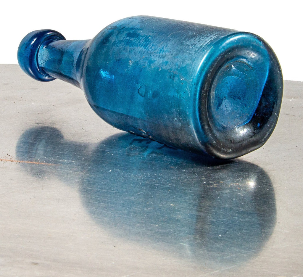 rare 1850's cobalt blue iron-pontiled chicago blobtop e.k. bebbington "aerated sodawater" glass bottle with heavily whittled neck