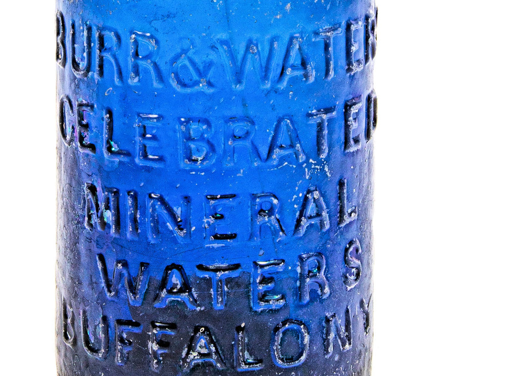 late 1840's richly colored cobalt blue glass burr & water "celebrated mineral waters" iron pontiled soda bottle discovered near chicago's wolf point