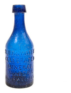 late 1840's richly colored cobalt blue glass burr & water "celebrated mineral waters" iron pontiled soda bottle discovered near chicago's wolf point