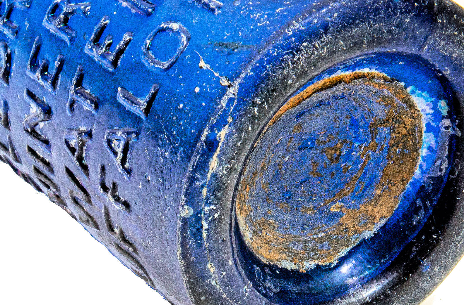 late 1840's richly colored cobalt blue glass burr & water "celebrated mineral waters" iron pontiled soda bottle discovered near chicago's wolf point