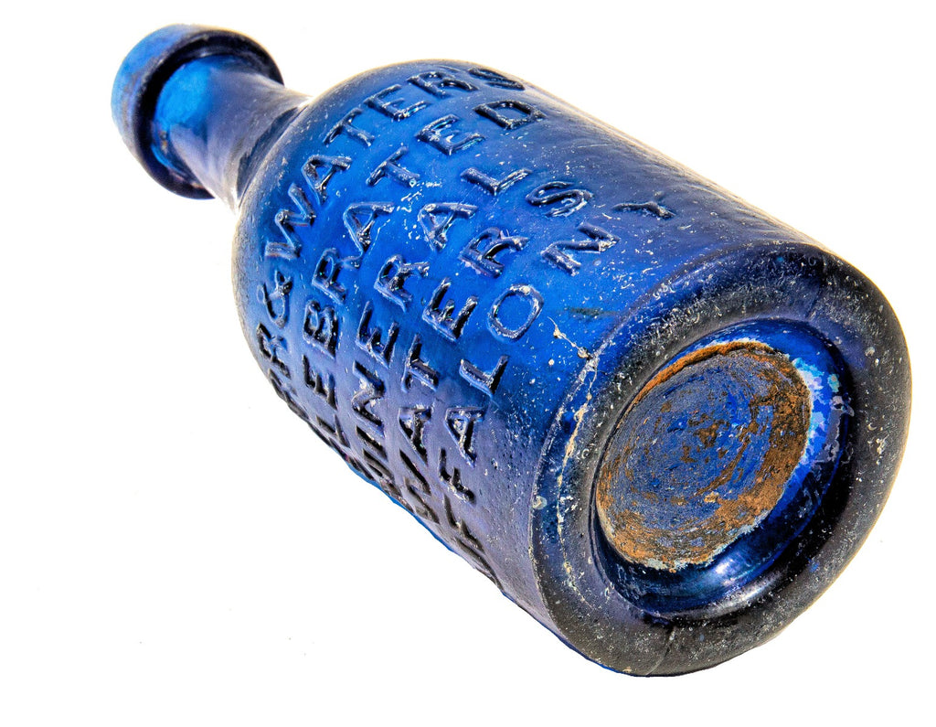 late 1840's richly colored cobalt blue glass burr & water "celebrated mineral waters" iron pontiled soda bottle discovered near chicago's wolf point