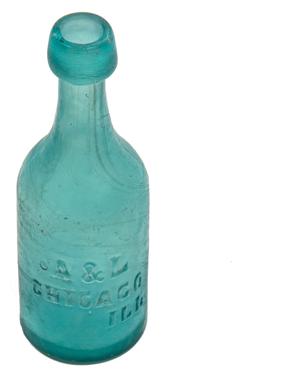 completely intact dug mid-nineteenth century vibrant teal or aqua blue glass soda bottle manufactured for chicago bottlers ainsworth & lomax