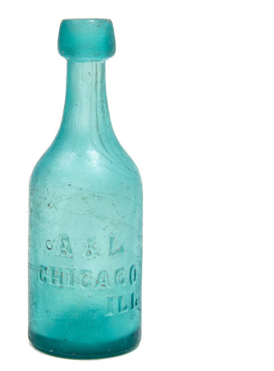 completely intact dug mid-nineteenth century vibrant teal or aqua blue glass soda bottle manufactured for chicago bottlers ainsworth & lomax
