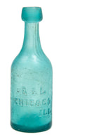 completely intact dug mid-nineteenth century vibrant teal or aqua blue glass soda bottle manufactured for chicago bottlers ainsworth & lomax