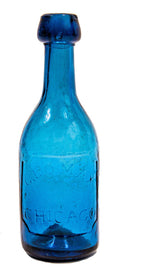 1850s cobalt blue glass iron-pontiled chicago bottler george lomax iron-pontiled privy dug bottle with long neck and single panel with embossed lettering