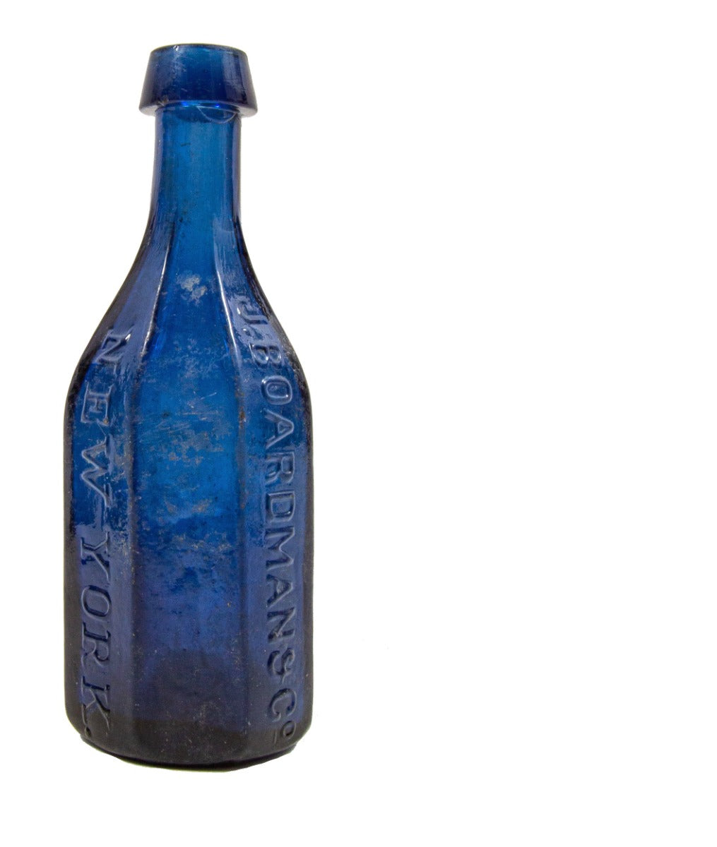 privy dug mid-nineteenth century richly colored deep sapphire blue glass 8-sided mineral water bottle manufactured for j. boardman & company in new york