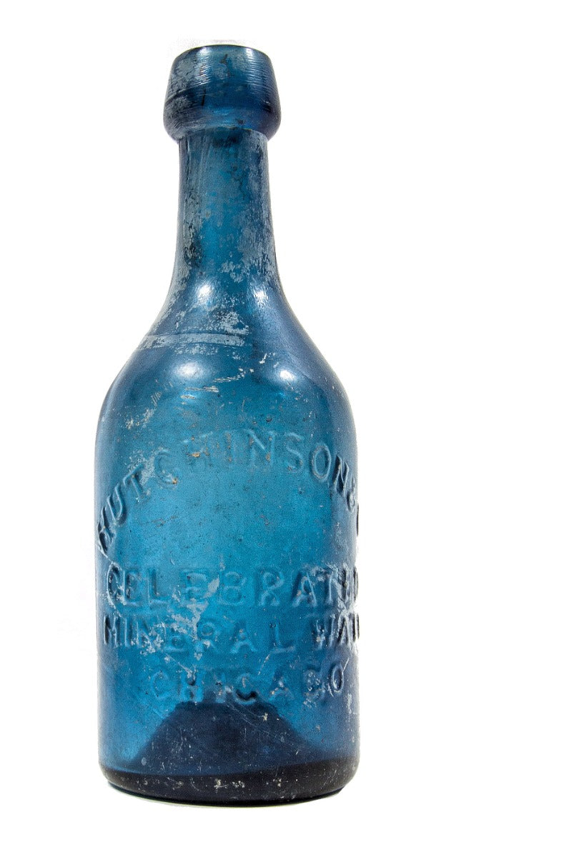 1850s cobalt blue glass iron pontiled soda bottle with appealing crudity fabricated for chicago bottling giant william h. hutchinson & company.