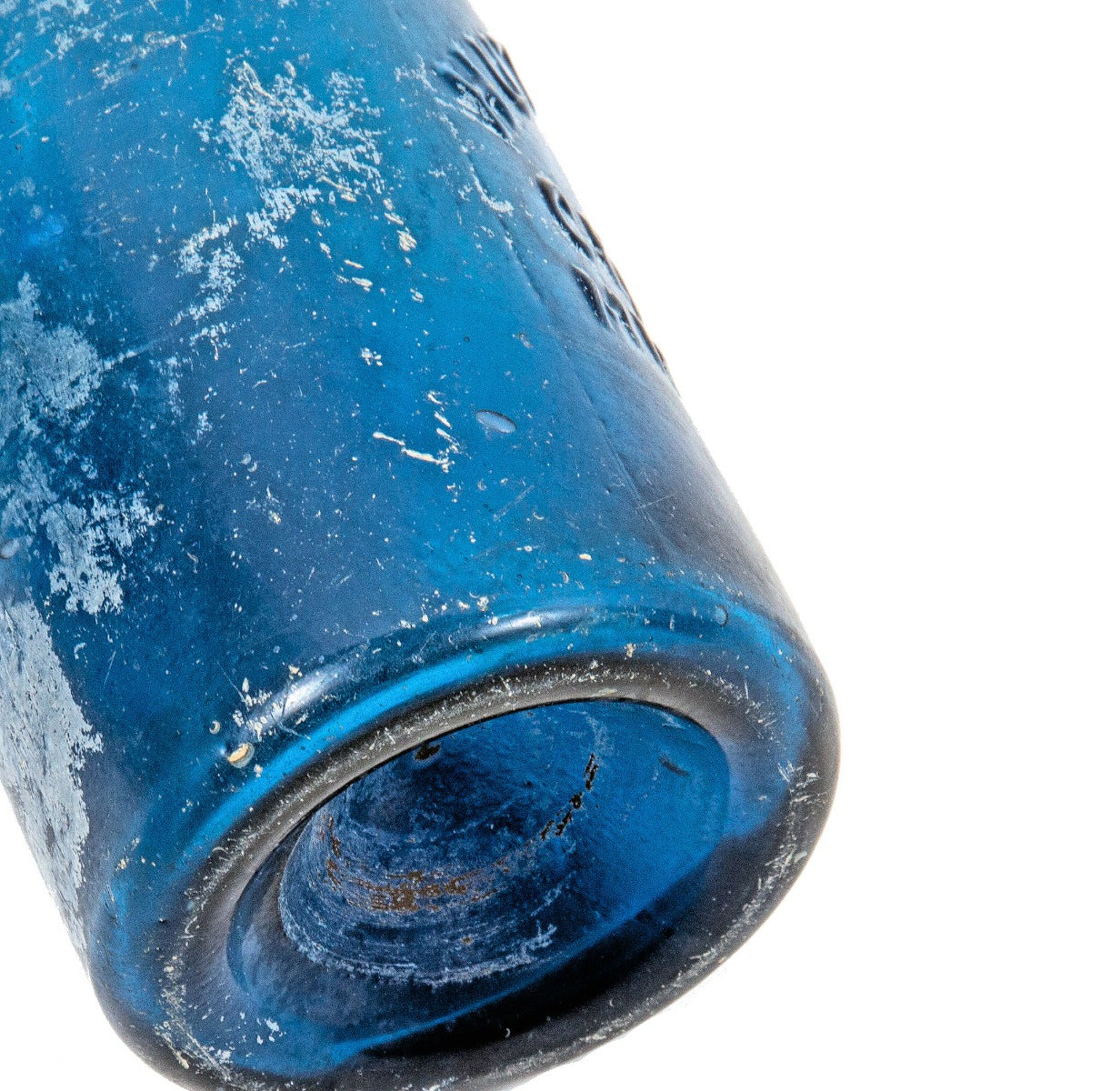 1850s cobalt blue glass iron pontiled soda bottle with appealing crudity fabricated for chicago bottling giant william h. hutchinson & company.