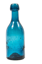 1850's teal blue glass iron pontiled soda bottle fabricated for chicago bottlers hedlund & co.