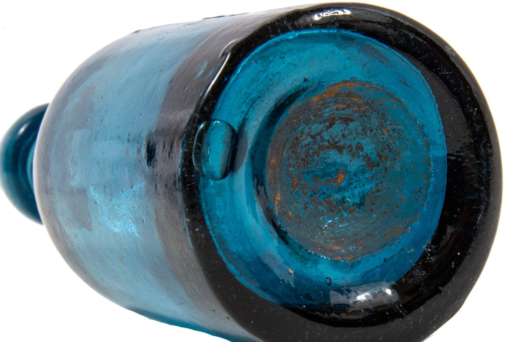 1850's teal blue glass iron pontiled soda bottle fabricated for chicago bottlers hedlund & co.