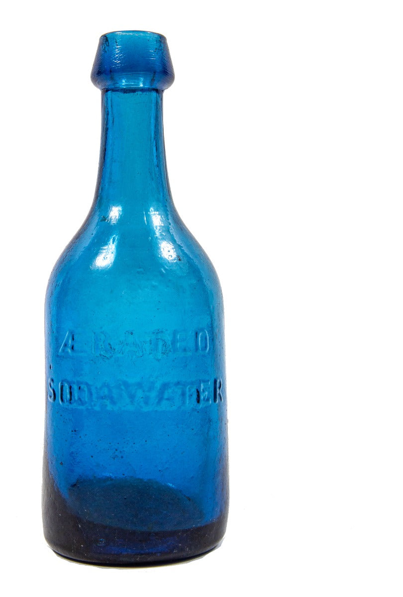 rare american early 1850's cobalt blue iron-pontiled chicago blobtop e.k. bebbington "aerated sodawater" glass bottle