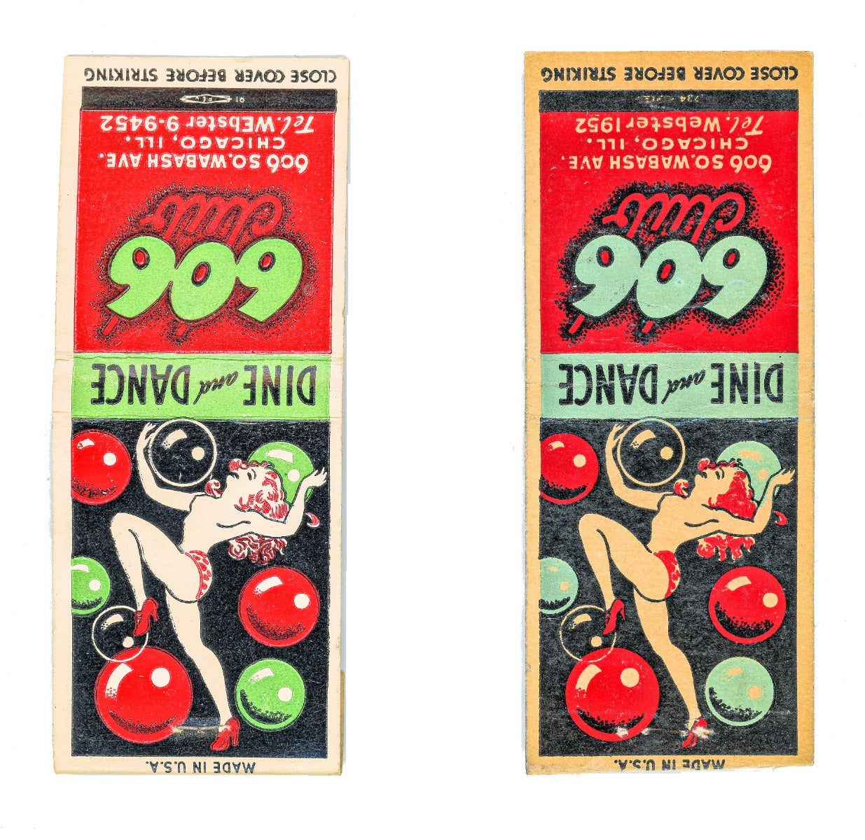 one of two original richly colored vintage chicago burlesque 606 club matchbook covers