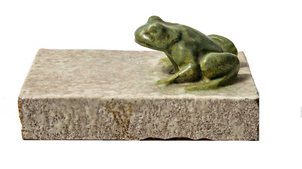 unusual early 20th century american terra cotta company "salesman sample" block with diminutive green glazed frog