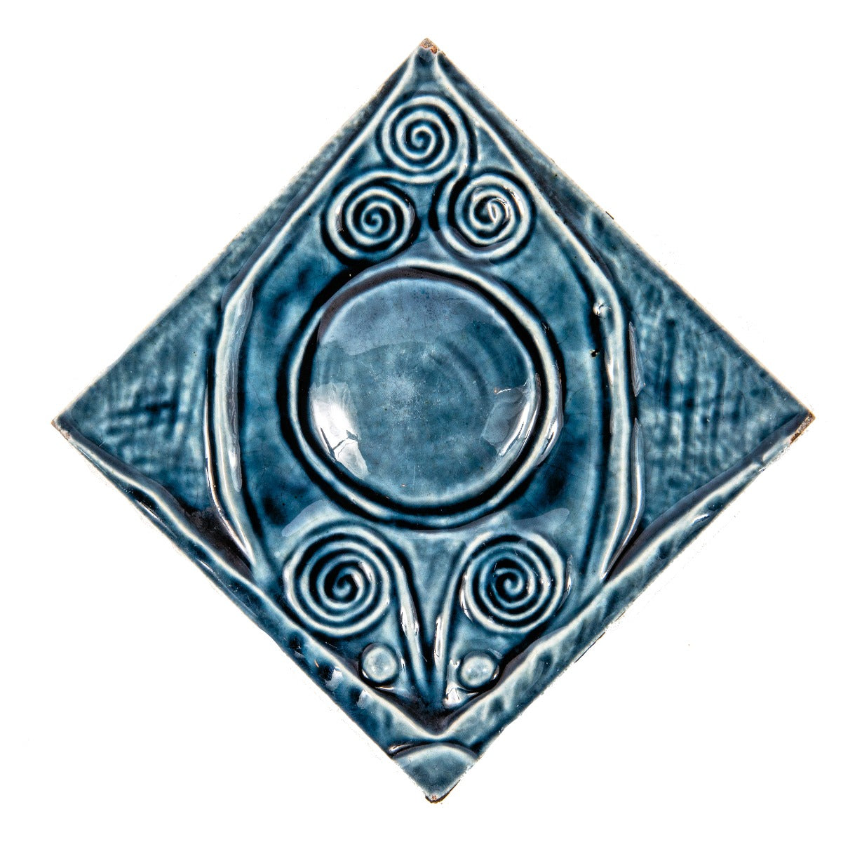 mottled blue 1880s salvaged chicago j. and j.g. low art nouveau style patented 4 x 4 fireplace tile