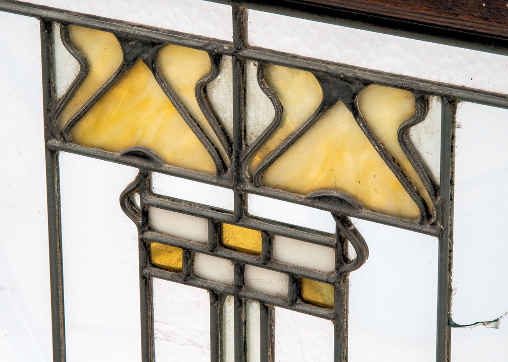 exceptional early 20th century salvaged chicago prairie school style leaded art glass residential window in the manner of george maher