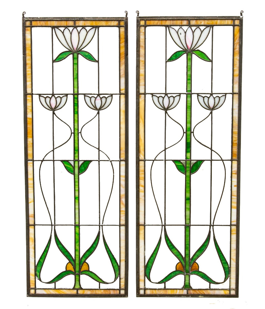 matching set of remarkable early 20th century salvaged chicago art nouveau style leaded glass windows