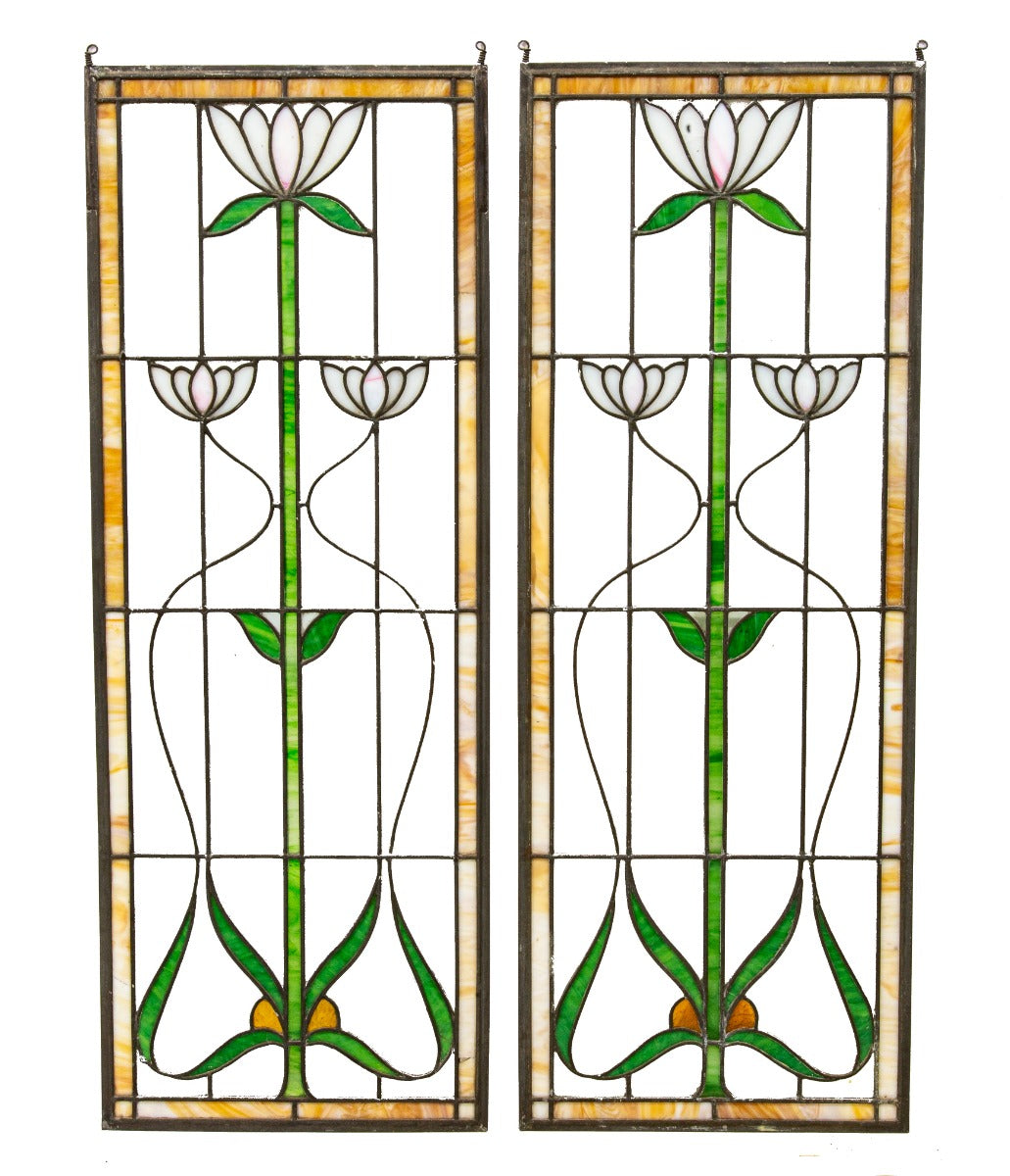 matching set of remarkable early 20th century salvaged chicago art nouveau style leaded glass windows