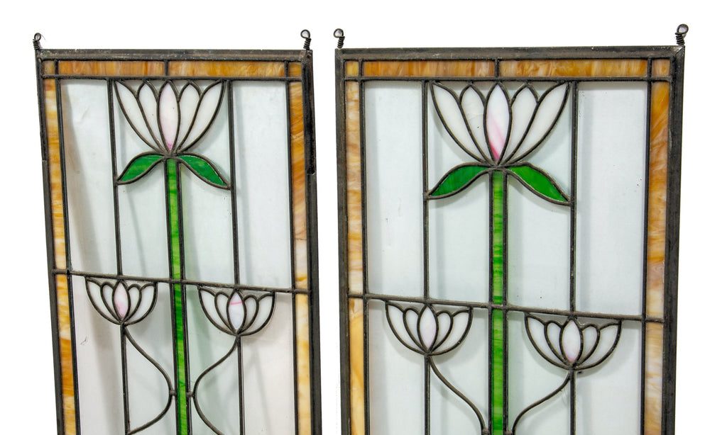 matching set of remarkable early 20th century salvaged chicago art nouveau style leaded glass windows
