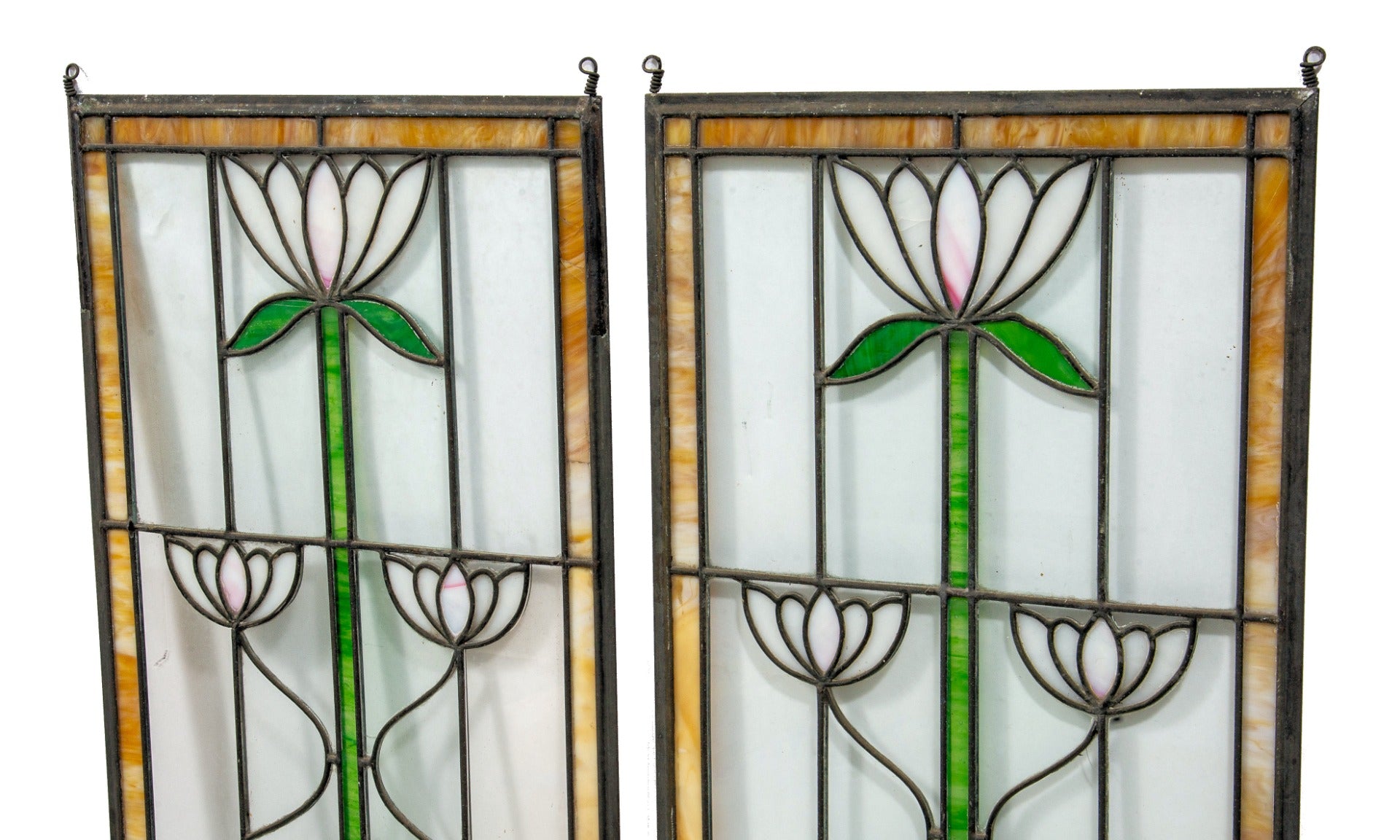 matching set of remarkable early 20th century salvaged chicago art nouveau style leaded glass windows
