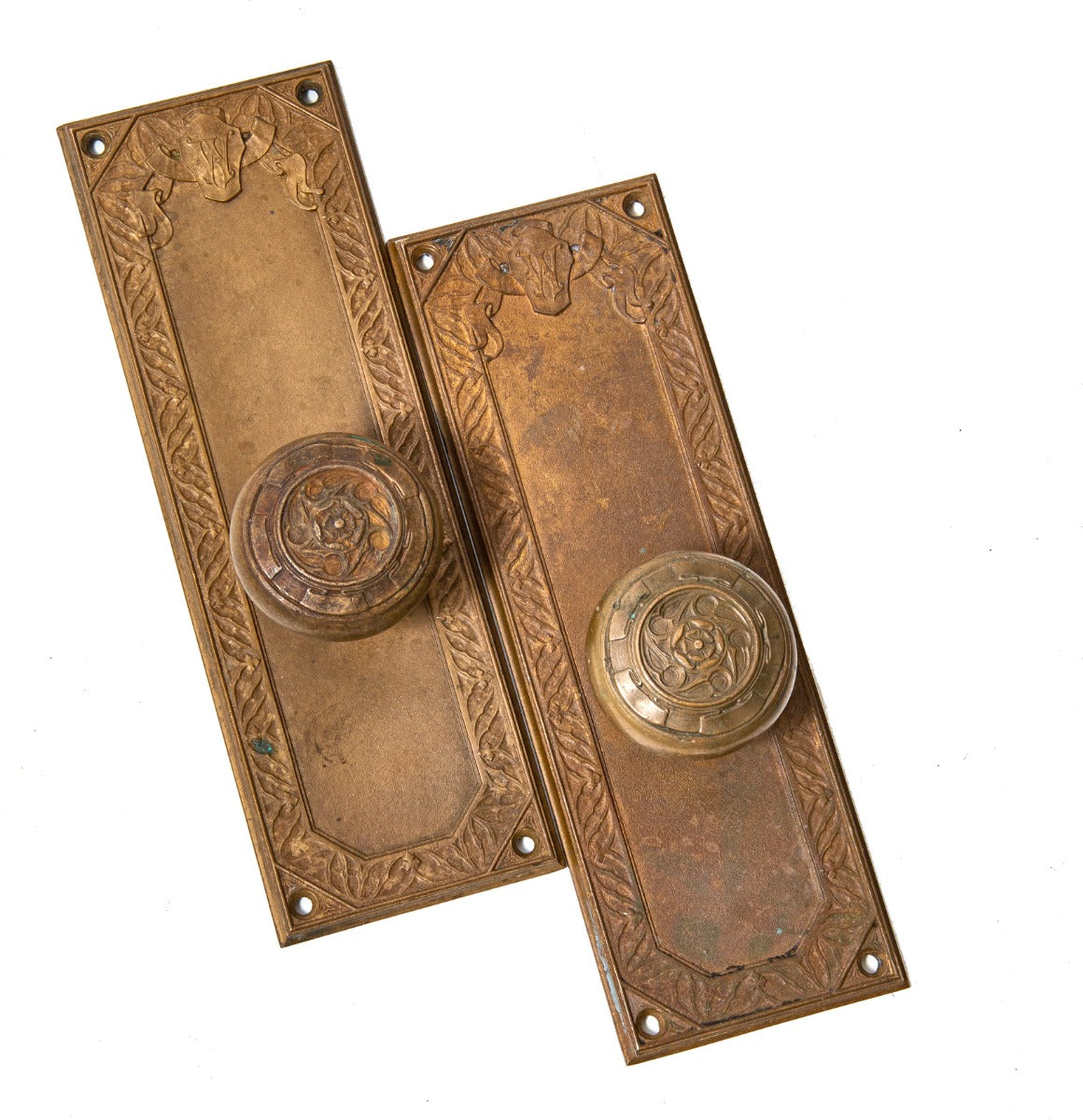 two matching original custom-designed cast bronze monogrammed new york city woolworth building doorknobs and backplates