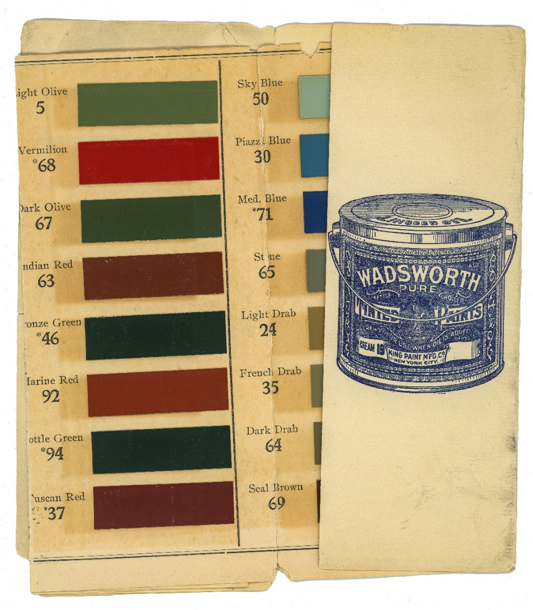rare 1890s daniel wadsworth 46-sample lindseed oil paint samples by king paint mfg. company