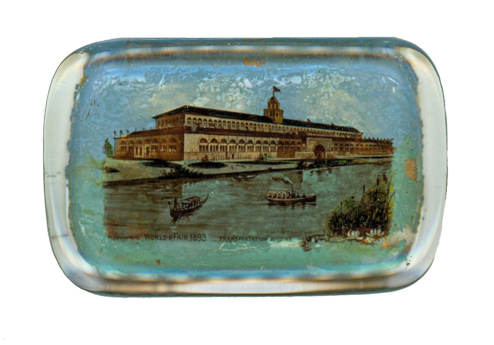 hard to find original 1893 chicago columbian exposition adler and sullivan transportation building hand-colored glass paperweight