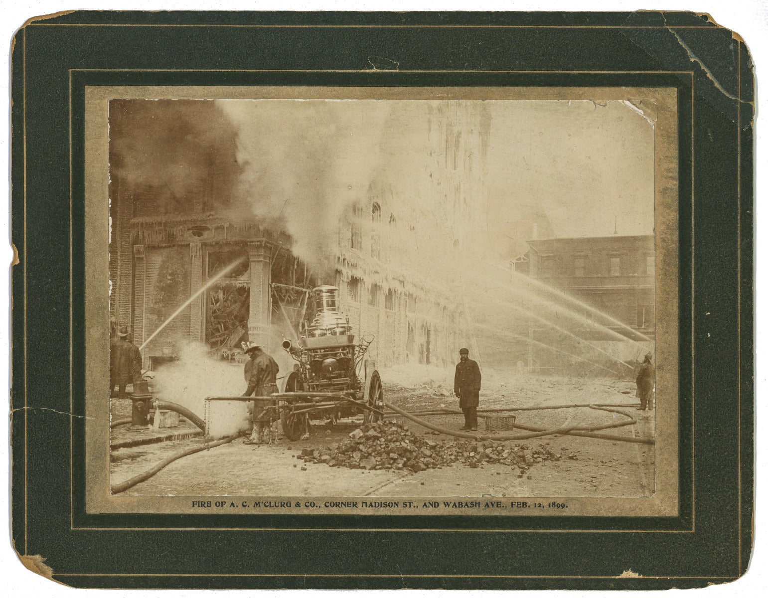 original 1899 mounted albumen print of fire at a.c. mcurg and company located at corner of madison and wabash