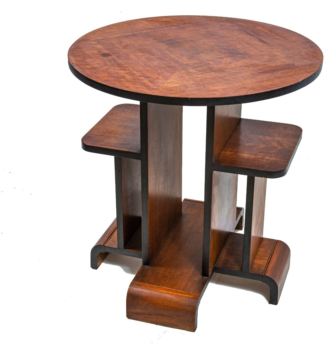 1930s american depression-era art deco style varnished walnute round-top coffee table attributed to paul frankl