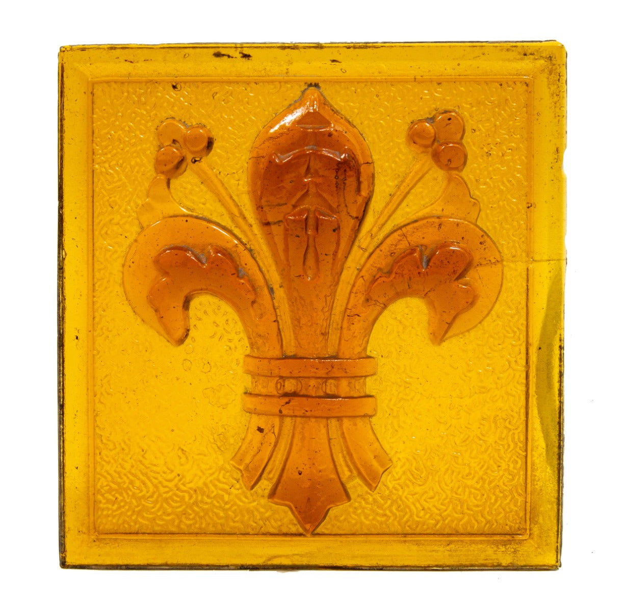 rare richly colored 1890s mosaic glass company pressed glass fleur-de-lis pressed glass window tile by jonathan haley