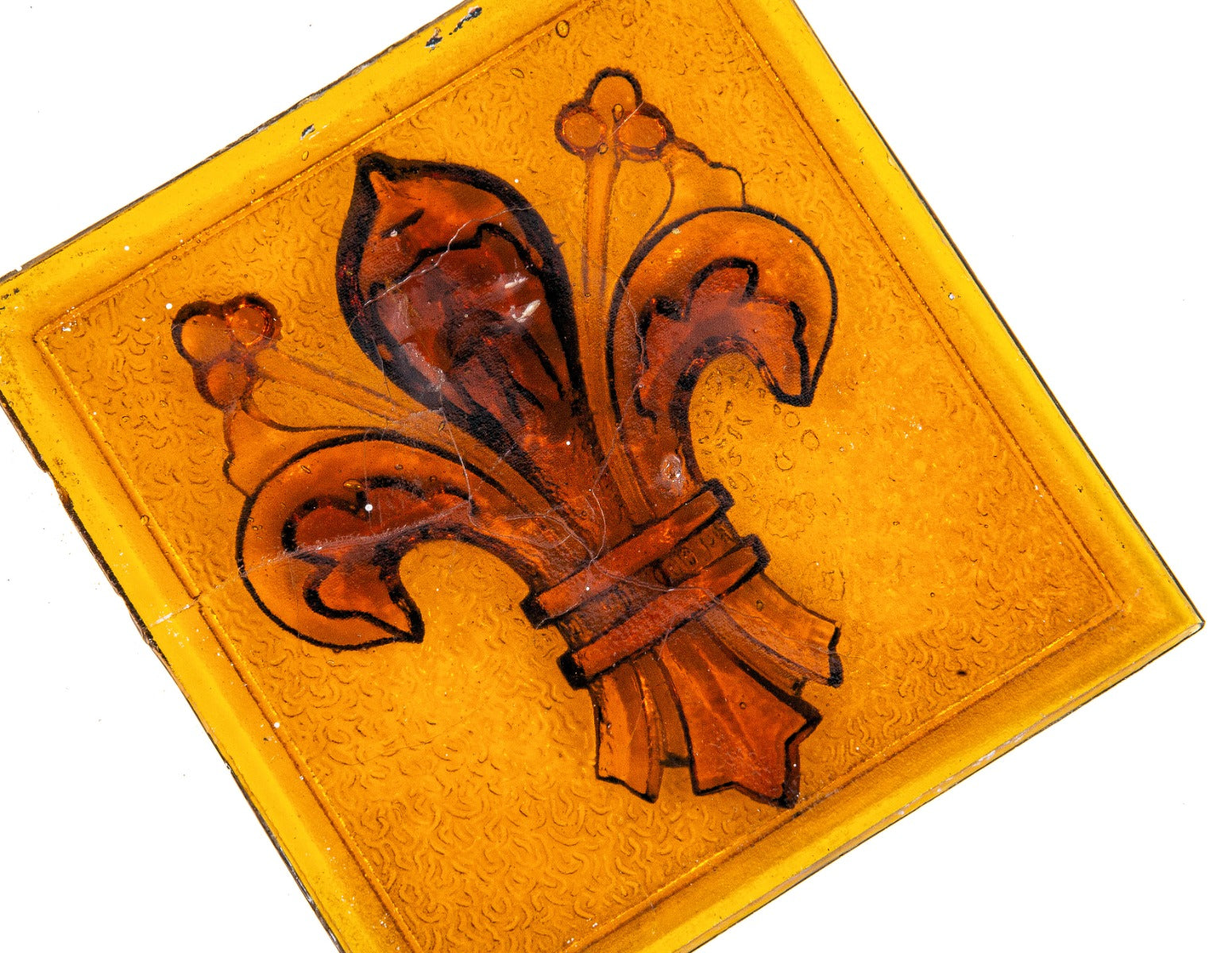 rare richly colored 1890s mosaic glass company pressed glass fleur-de-lis pressed glass window tile by jonathan haley