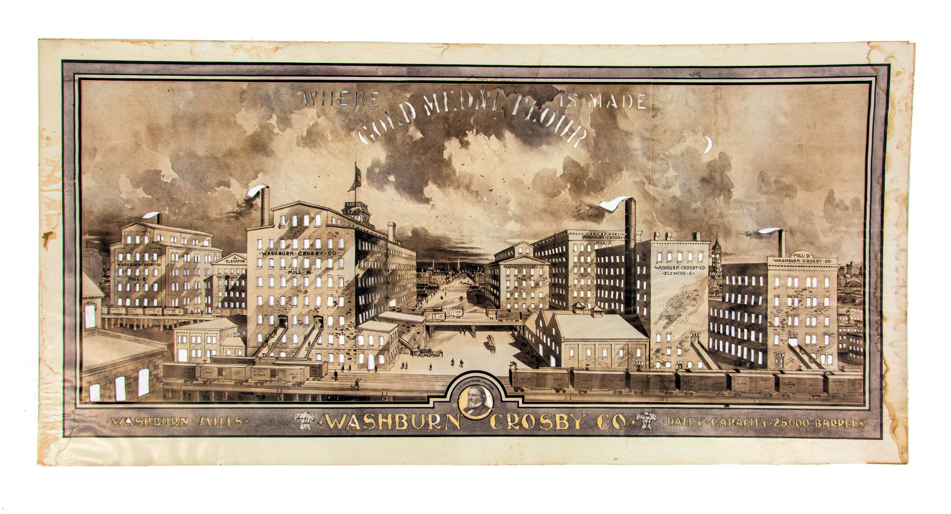 exceptionally rare late 19th or early 20th century architectural rendering of the washburn-crosby "gold medal flour" milling complex