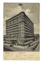 two original early 20th century postmarked clinton j. warren lexington hotel exterior and interior (lobby) postcards